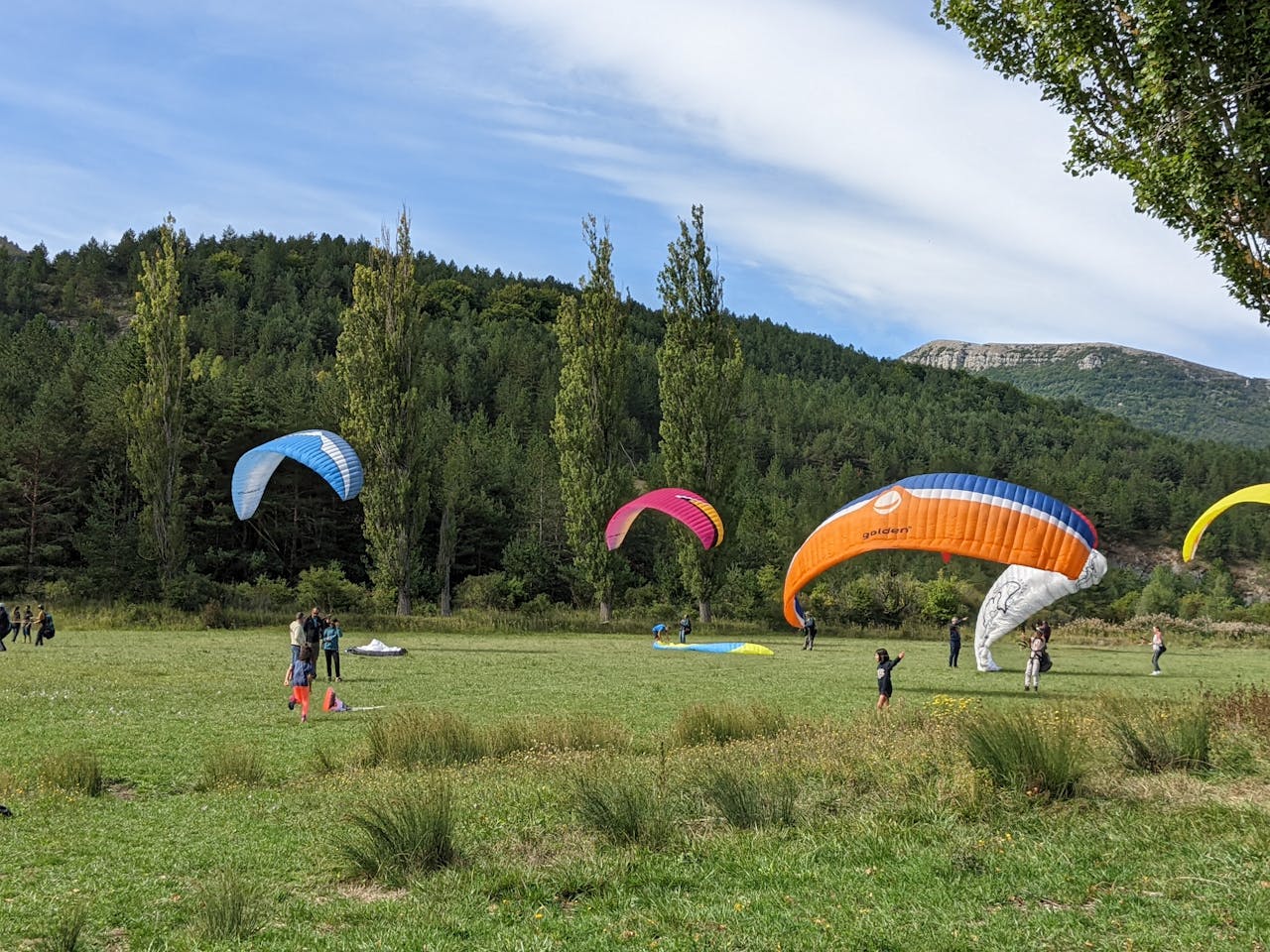 About A group of people enjoying paragliding in a scenic outdoor landscape under clear skies.