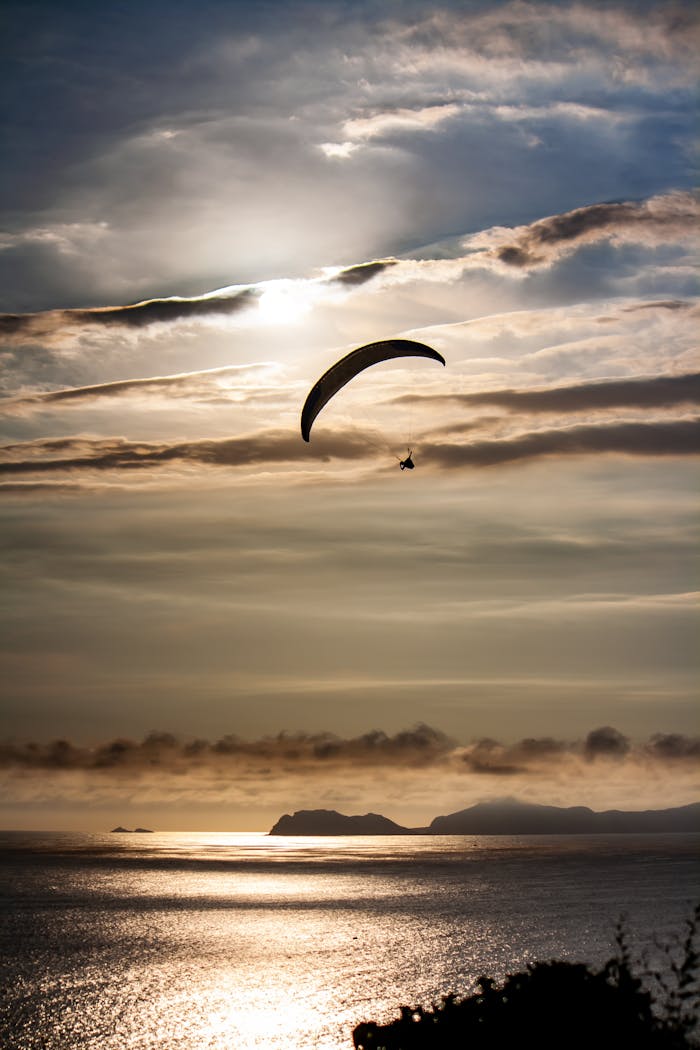 Services Experience a breathtaking view of a paraglider soaring over the ocean at sunset, capturing adventure and serenity.